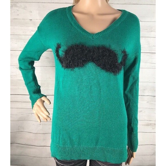 Copper Key Mustache Sweater Small Dark Teal Green 100% Cotton Funny Design - Picture 1 of 12